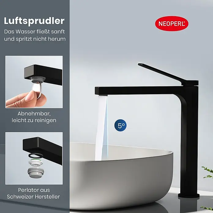 Emke Waschtischarmatur Arcspout XF21 - Schwarz, Matt - Schwarzer Wasserhahn mit Neoperl Perlator zeigt sanften, spritzfreien Wasserfluss in ein Waschbecken. Er ist abnehmbar, leicht zu reinigen und Schweizer Qualität.