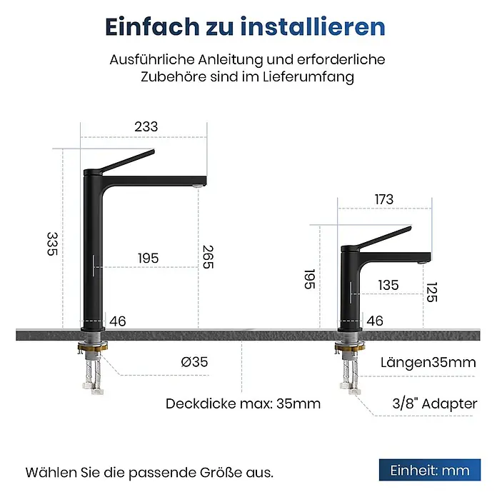 Emke Waschtischarmatur Arcspout XF21 - Schwarz, Matt - Zwei schwarze, moderne Wasserhähne verschiedener Größen, mit detaillierten Installationsmaßen.