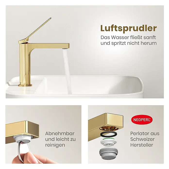 Emke Waschtischarmatur Arcspout XF21 - Gold, Glänzend - Goldener Wasserhahn mit NEOPERL-Luftsprudler; das Wasser fließt sanft und der Perlator ist abnehmbar zur leichten Reinigung.