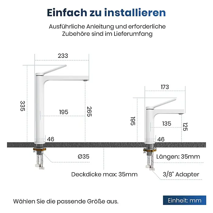 Emke Waschtischarmatur Arcspout XF21 - Weiß, Matt - Technische Zeichnung von zwei weißen Küchenarmaturen mit Maßen und Installationsdetails.