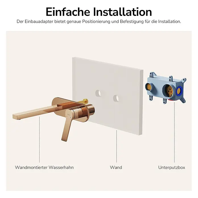 Emke Waschtischarmatur Arcspout XF22 - Roségold, Glänzend - Wandmontierter Wasserhahn in Roségold mit Unterputzbox, zeigt die einfache Installation in einer Wand.