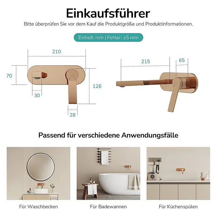 Emke Waschtischarmatur Arcspout XF22 - Roségold, Glänzend - Roségoldene wandmontierte Armatur mit Maßen und Anwendungsbeispielen für Badewannen, Waschbecken und Küchenspülen.