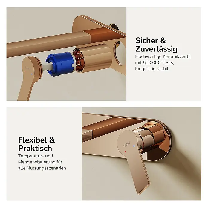 Emke Waschtischarmatur Arcspout XF22 - Roségold, Glänzend - Roségoldene Armatur mit Explosionsansicht des Keramikventils, zeigt Temperatur- und Mengensteuerung.