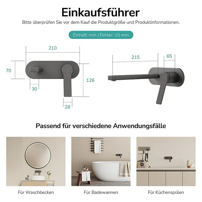 Emke Waschtischarmatur Arcspout XF22 - Grau, Matt - Dunkelgraue, wandmontierte Mischbatterie mit Abmessungen, geeignet für Waschbecken, Badewannen und Küchenspülen.
