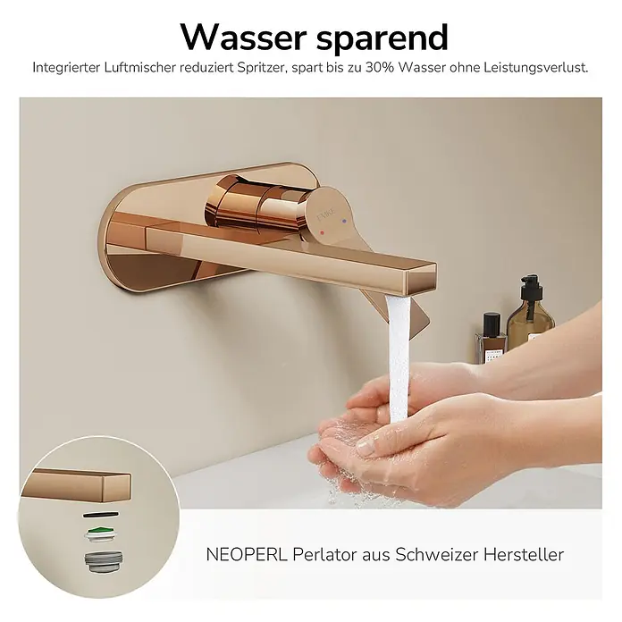 Emke Waschtischarmatur Arcspout XF22 - Roségold, Glänzend - Roségoldene Wandarmatur mit Wasser, das in Hände fließt, betont wassersparenden Luftsprudler und Spritzschutz.