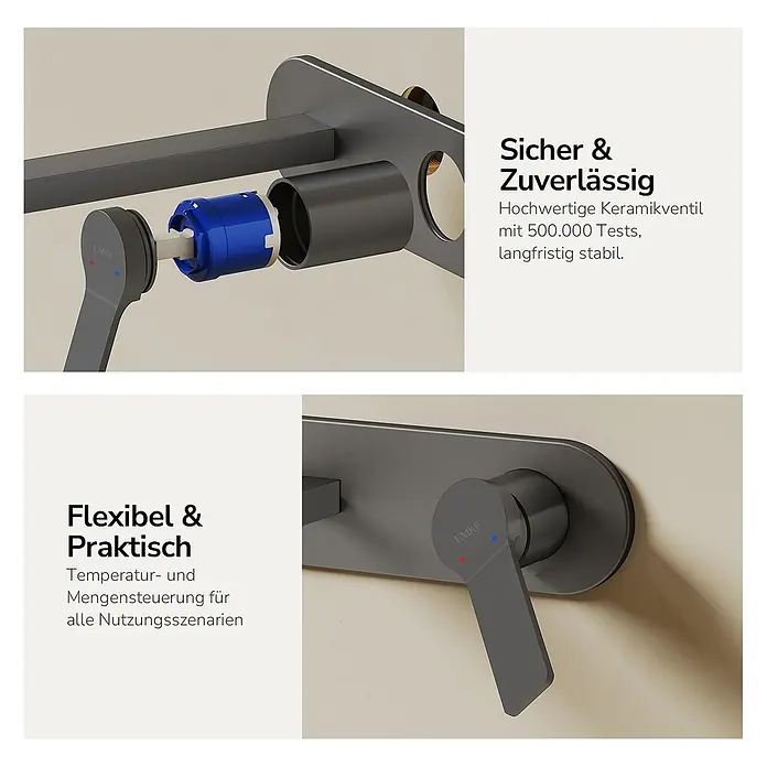 Emke Waschtischarmatur Arcspout XF22 - Grau, Matt - Dunkelgraue Wandarmatur mit freiliegender blauer Keramikkartusche für Langlebigkeit und montiertem Griff zur Temperatur- und Mengenregelung.