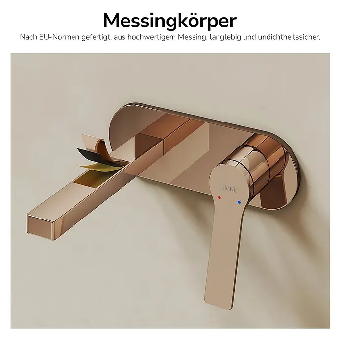 Emke Waschtischarmatur Arcspout XF22 - Roségold, Glänzend - Roségoldener Wandwasserhahn aus Messing mit flachem Auslauf und Einhebelmischer, langlebig und dicht.
