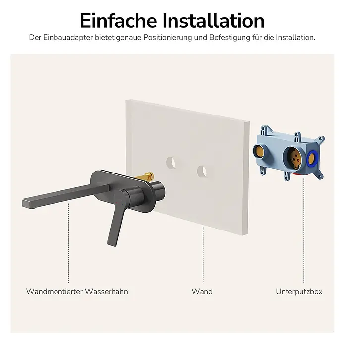 Emke Waschtischarmatur Arcspout XF22 - Grau, Matt - Explodierte Ansicht eines dunkelgrauen Wandwasserhahns mit blauer Unterputzbox hinter einer Wand.