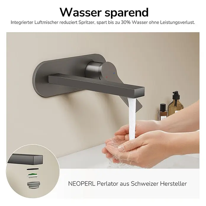Emke Waschtischarmatur Arcspout XF22 - Grau, Matt - Dunkelgraue wandmontierte Armatur mit fließendem Wasser in Händen, inkl. integriertem Wasserspar-Perlator.