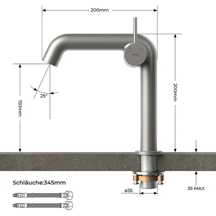 Emke Waschtischarmatur Flowcurv XF24 - Grau, Matt - Gebürstete Küchenarmatur mit Einhebelmischer, 150mm Auslaufhöhe, 200mm Ausladung.
