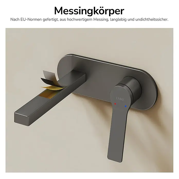 Emke Waschtischarmatur Arcspout XF22 - Grau, Matt - Dunkelgraue Wandarmatur mit freiliegendem Messingkern.