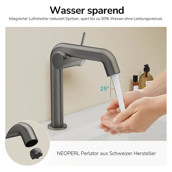 Emke Waschtischarmatur Flowcurv XF24 - Grau, Matt - Anthrazitfarbener Wasserhahn mit integriertem Neoperl Perlator, der bis zu 30% Wasser spart. Wasser fließt in Hände.