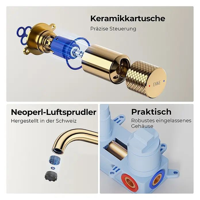 Emke Waschtischarmatur Griprill XF22 - Gold, Glänzend - Explosionszeichnung goldfarbener Armaturenkomponenten: Keramikkartusche, Neoperl-Luftsprudler und robustes blaues Einbaugehäuse.