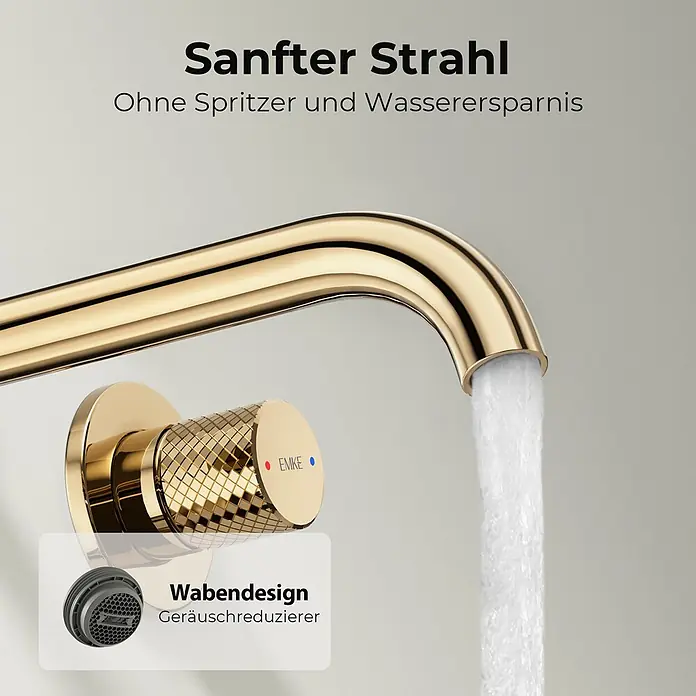 Emke Waschtischarmatur Griprill XF22 - Gold, Glänzend - Goldener Wasserhahn mit fließendem Wasser, texturiertem Knopf und Waben-Luftsprudler für weichen, spritzfreien, wassersparenden Strahl.