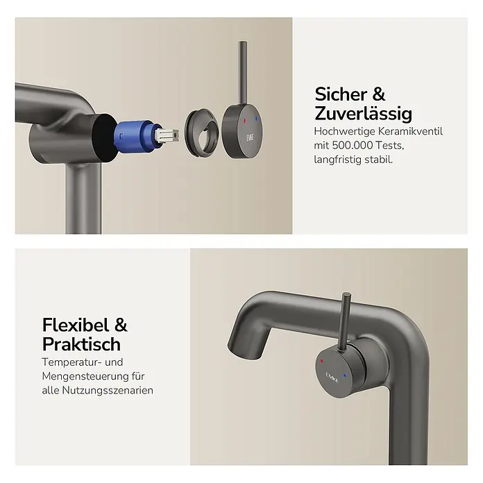 Emke Waschtischarmatur Flowcurv XF24 - Grau, Matt - Dunkelgraue Armatur mit zerlegter Keramikkartusche und Bedienelement zur Temperatur- und Mengensteuerung.