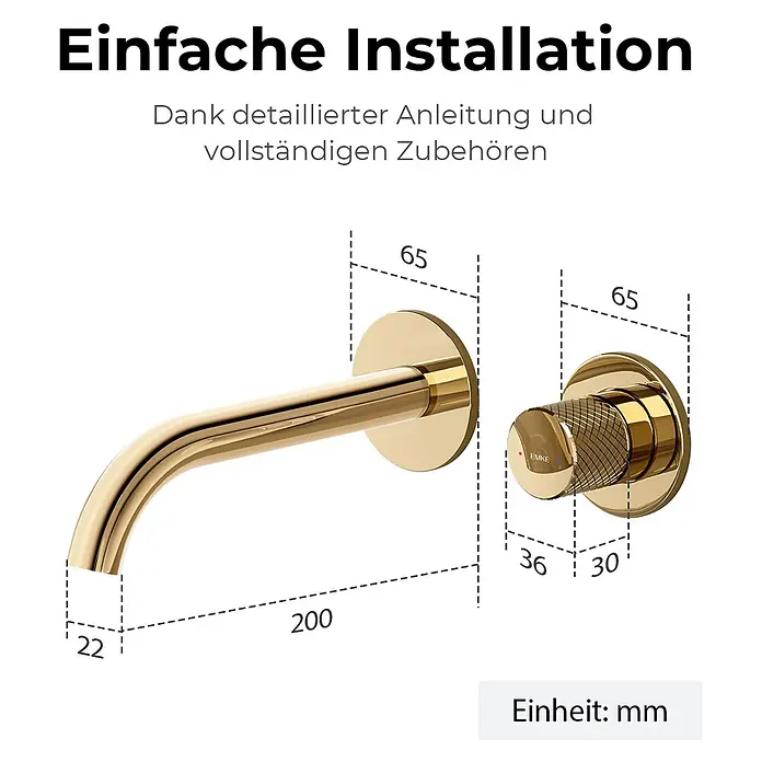 Emke Waschtischarmatur Griprill XF22 - Gold, Glänzend - Goldene Wandarmatur mit Auslauf und separatem Regler, Maße angegeben.