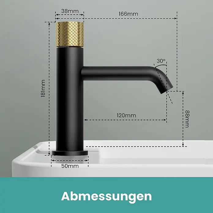 Emke Waschtischarmatur Griprill XF29 - Schwarz, Matt - Schwarz-goldene Armatur mit gerändeltem Griff, detaillierte Abmessungen dargestellt.