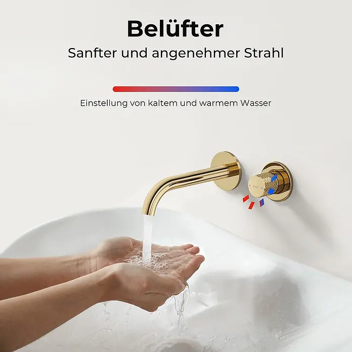 Emke Waschtischarmatur Griprill XF22 - Gold, Glänzend - Goldene Wandarmatur mit Belüfter und Regler für warmes/kaltes Wasser, sanfter Strahl in Hände.