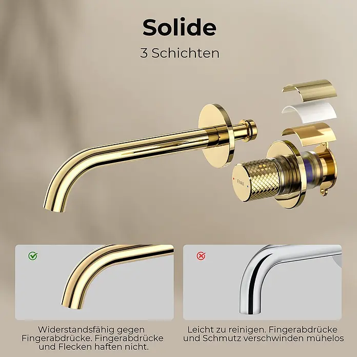 Emke Waschtischarmatur Griprill XF22 - Gold, Glänzend - Goldener Wasserhahn mit 3 Schichten, resistent gegen Fingerabdrücke und Flecken.
