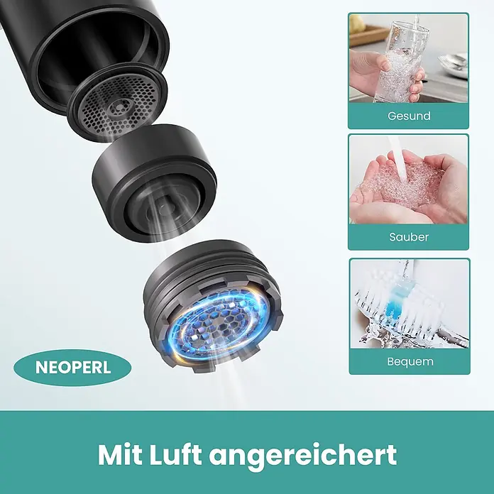Emke Waschtischarmatur Griprill XF29 - Schwarz, Matt - Schwarzer zerlegter Wasserhahn-Belüfter zeigt Luftanreicherung. Vorteile: gesundes Trinken, sauberes Waschen, bequemes Spülen.