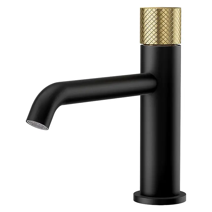 Emke Waschtischarmatur Griprill XF29 - Schwarz, Matt - Mattschwarzer Wasserhahn mit goldener, gerändelter Oberseite.
