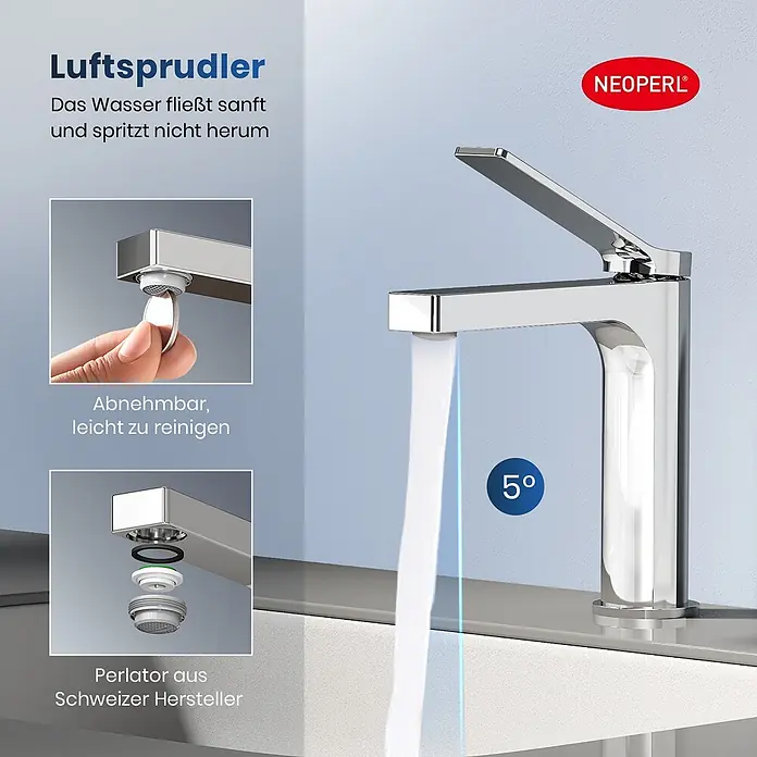 Emke Waschtischarmatur Arcspout XF21 - Chrom, Glänzend - Verchromte Armatur mit sanftem, spritzfreiem Wasserstrahl und abnehmbarem Neoperl Perlator zur einfachen Reinigung.