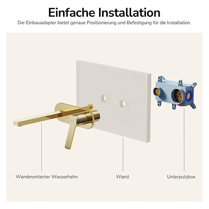 Emke Waschtischarmatur Arcspout XF22 - Gold, Glänzend - Goldener Wandarmatur und Unterputzbox für einfache Installation an einer Wand.