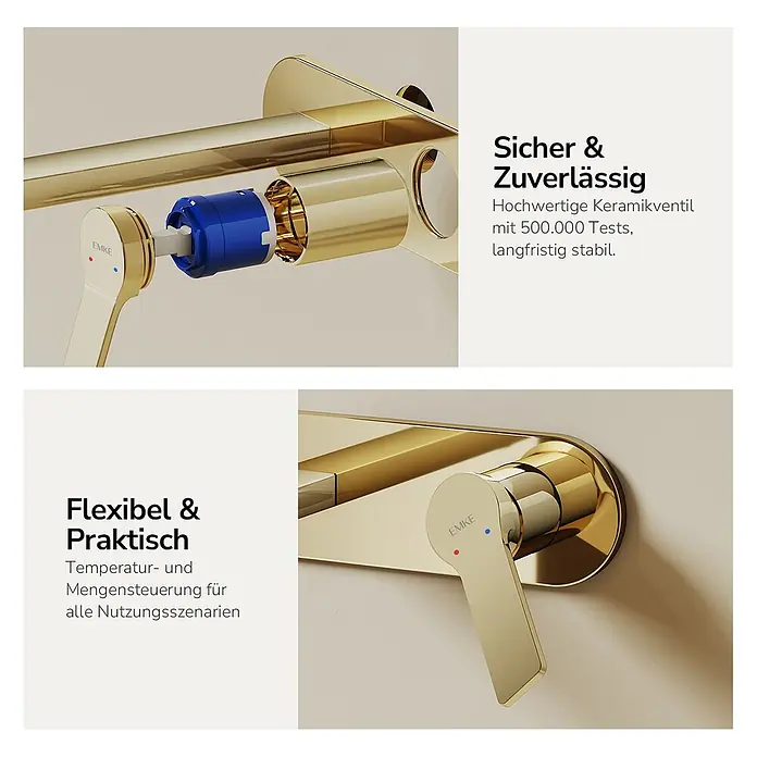 Emke Waschtischarmatur Arcspout XF22 - Gold, Glänzend - Goldfarbene Armatur mit Keramikventil und EMKE-Griff für Temperatur- und Mengensteuerung.