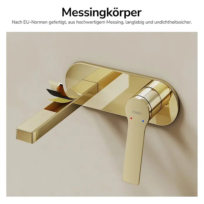 Emke Waschtischarmatur Arcspout XF22 - Gold, Glänzend - Goldfarbene Einhebel-Waschtischarmatur aus Messing mit Schichtdarstellung des Auslaufs. EMKE-Logo auf dem Griff.