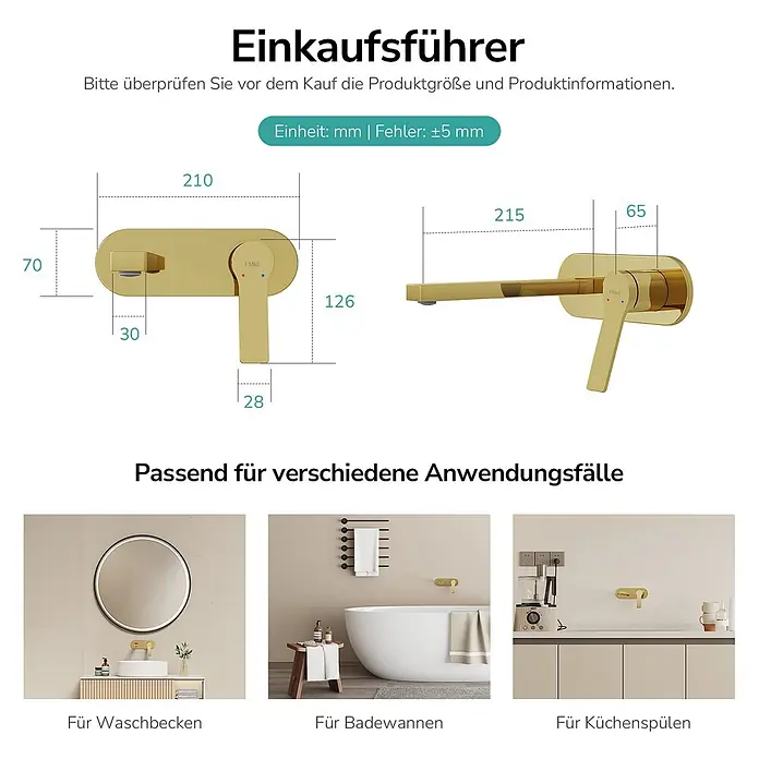 Emke Waschtischarmatur Arcspout XF22 - Gold, Glänzend - Goldfarbene Wandarmatur mit Hebel, Maßen und Anwendungsbeispielen für Bad und Küche.
