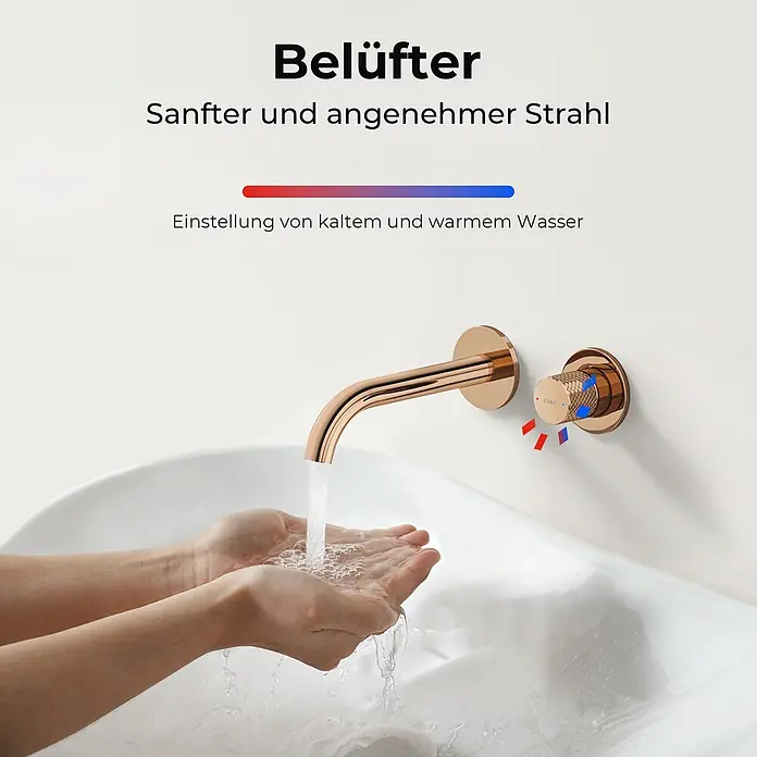 Emke Waschtischarmatur Griprill XF22 - Roségold, Glänzend - Roségoldener Wandhahn mit separatem Bedienknebel, der Wasser in ein Waschbecken leitet, wo Hände gewaschen werden. Mit einstellbarem warmem und kaltem Wasser.