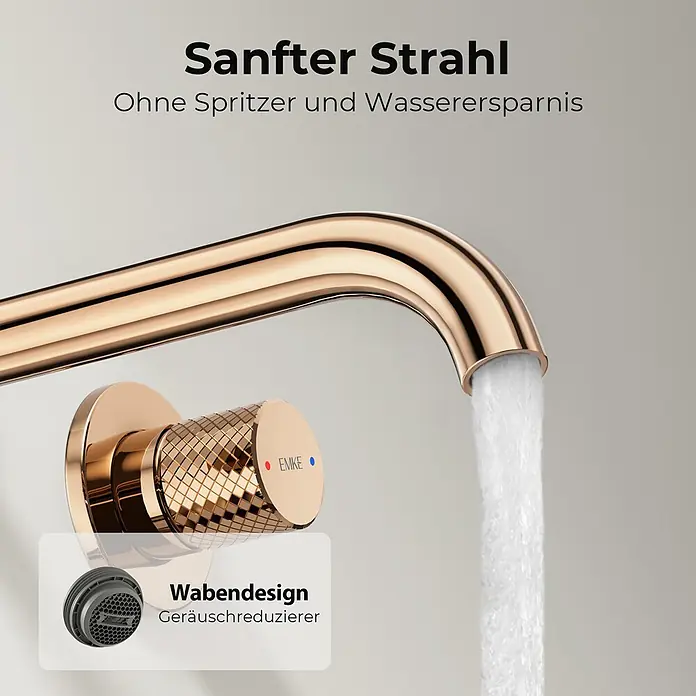 Emke Waschtischarmatur Griprill XF22 - Roségold, Glänzend - Roségoldener Wasserhahn mit sanftem, spritzfreiem Wasserstrahl und Waben-Luftsprudler für Wassereinsparung und Geräuschreduzierung.