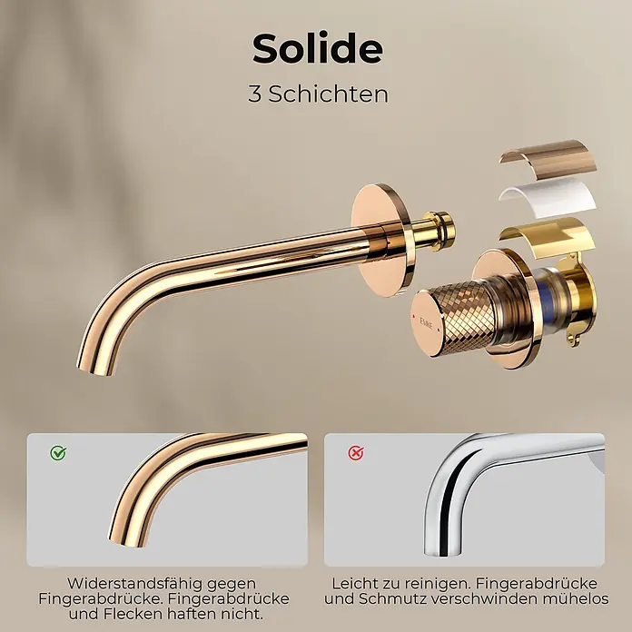 Emke Waschtischarmatur Griprill XF22 - Roségold, Glänzend - Rosegoldener Wasserhahn mit 3-lagiger Anti-Fingerabdruck-Beschichtung, in Explosionszeichnung gezeigt.
