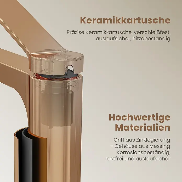 Emke Waschtischarmatur Arcspout XF21 - Roségold, Glänzend - Detailansicht eines goldfarbenen Wasserhahn-Schnitts mit transparenter Schale, die eine präzise Keramikkartusche und hochwertige Messing- und Zinklegierungskomponenten zeigt.