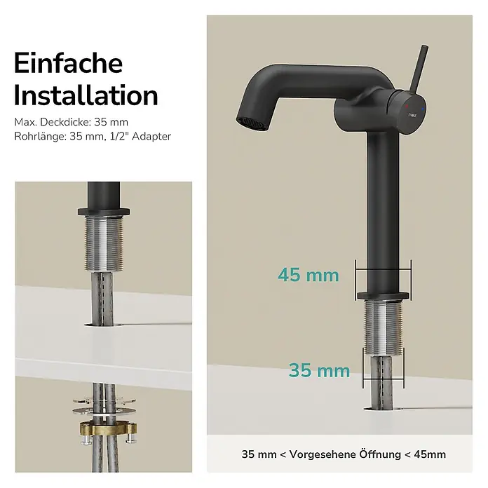 Emke Waschtischarmatur Flowcurv XF24 - Schwarz, Matt - Schwarze Armatur in Installation, zeigt erforderliche Öffnungs- und Deckendickenmaße.