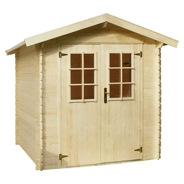 Kiehnholz Caseta de jardín Mikka - Medidas ext. (An x Pr): 228 x 233 cm, Madera, Natural, Tejado a dos aguas - Caseta de jardín de madera con puertas dobles y ventanas, ideal para guardar herramientas de jardín.