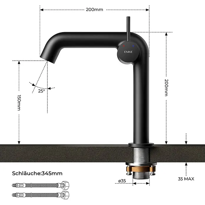 Emke Waschtischarmatur Flowcurv XF24 - Schwarz, Matt - EMKE schwarze Küchenarmatur mit Hebel, detaillierte Maße für Auslaufhöhe, Ausladung und Installation.