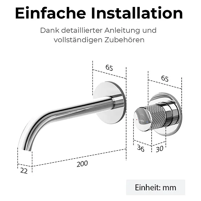 Emke Waschtischarmatur Griprill XF22 - Chrom, Glänzend - Verchromter Wandarmatur mit separatem Regler und Maßangaben.
