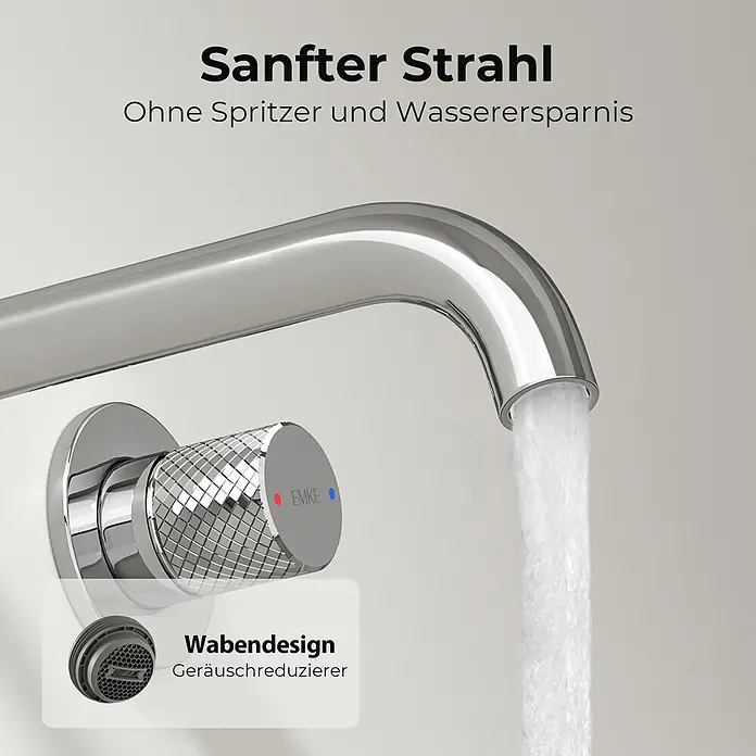 Emke Waschtischarmatur Griprill XF22 - Chrom, Glänzend - Verchromter Wasserhahn mit texturiertem Drehgriff, fließendem Wasser und Waben-Perlator für einen sanften, wassersparenden Strahl.