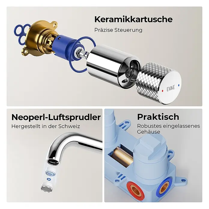 Emke Waschtischarmatur Griprill XF22 - Chrom, Glänzend - Explosionszeichnung von Armaturenkomponenten: Keramikkartusche, Neoperl-Luftsprudler und robustes Einbaugehäuse. Präzise Steuerung, Schweizer Qualität.