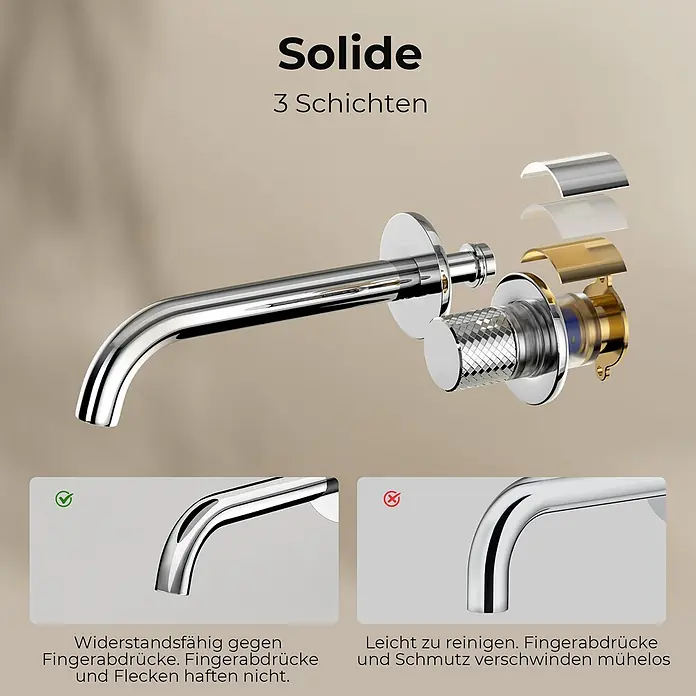 Emke Waschtischarmatur Griprill XF22 - Chrom, Glänzend - Verchromter Wasserhahn mit Schnittansicht der 3 Schichten und Nahaufnahmen der fingerabdruckresistenten, leicht zu reinigenden Oberfläche.