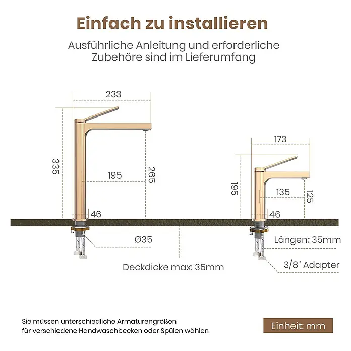 Emke Waschtischarmatur Arcspout XF21 - Roségold, Glänzend - Zwei goldfarbene Armaturen mit technischen Maßzeichnungen in zwei Größen.