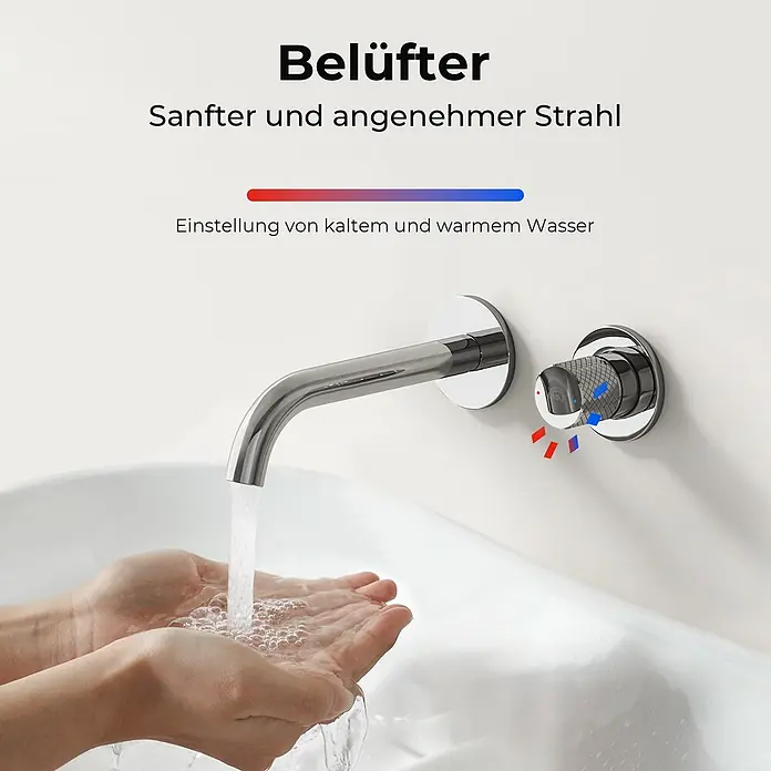 Emke Waschtischarmatur Griprill XF22 - Chrom, Glänzend - Verchromte Wandarmatur mit separater Temperaturregelung, Wasser fließt in gefaltete Hände.