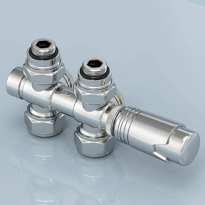 Emke Thermostatventil HTR - Durchgangsventil - Polierte Chrom-Thermostat-Heizkörperventil mit Anschlüssen.