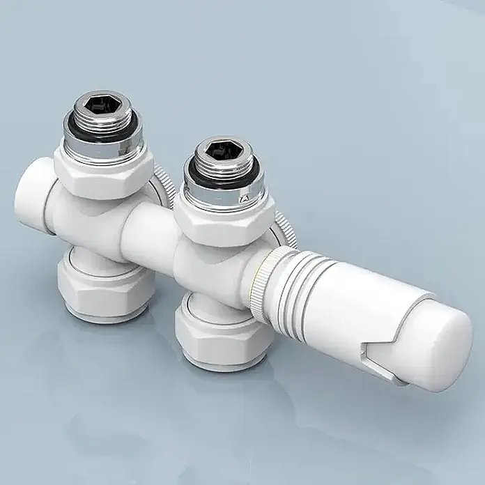 Emke Thermostatventil HTR - Durchgangsventil - Weißer Heizkörperverteiler mit zwei Chrom-Sechskantanschlüssen und langem Regelgriff.