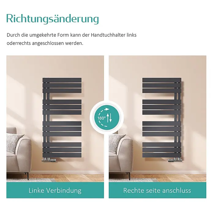 Emke Badheizkörper Flatrad SFTR1 - Schwarz - Dunkelgrauer Handtuchheizkörper mit umkehrbarem Design für links- oder rechtsseitigen Anschluss.