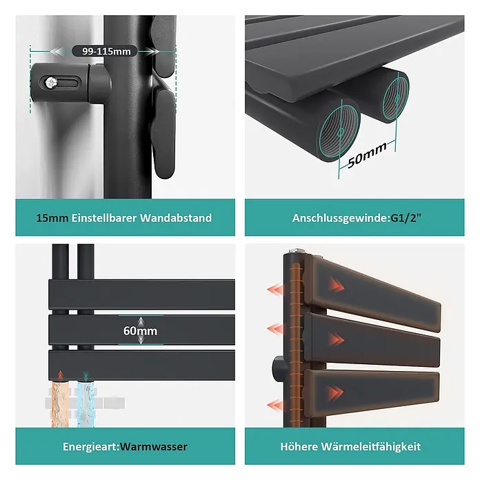 Emke Badheizkörper Flatrad SFTR1 - Schwarz - Dunkelgrauer Warmwasser-Heizkörper mit einstellbarem Wandabstand, G1/2"-Anschluss und hoher Wärmeleitfähigkeit.