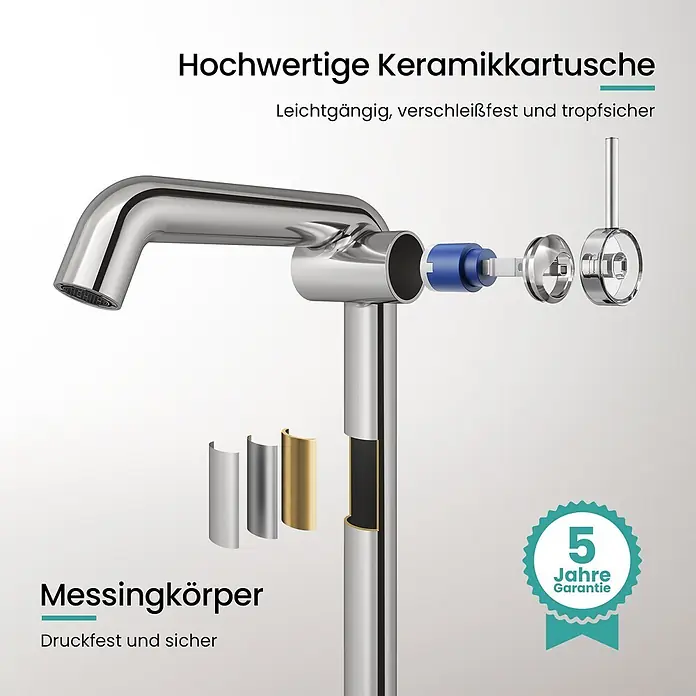 Emke Waschtischarmatur Flowcurv XF24 - Chrom, Glänzend - Verchromte Küchenarmatur mit Keramikkartusche und Messingkörper. Inklusive 5 Jahren Garantie.