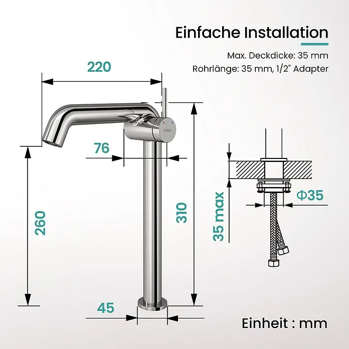 Emke Waschtischarmatur Flowcurv XF24 - Chrom, Glänzend - Maßzeichnung einer hohen Chromarmatur: Höhe 310mm, Ausladung 220mm, max. Deckdicke 35mm, Loch Ø35mm.
