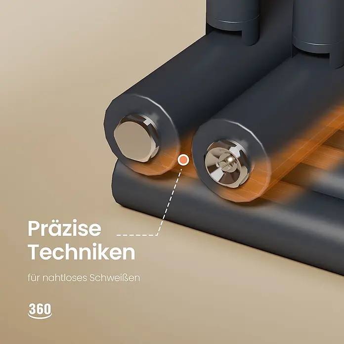 Emke Badheizkörper Orbrad SFTR5 - Anthrazit - Dunkelgraue Industrierollen mit silbernen Enden verarbeiten orange glühendes Material, was auf einen Heiz- oder Schweißprozess hindeutet.